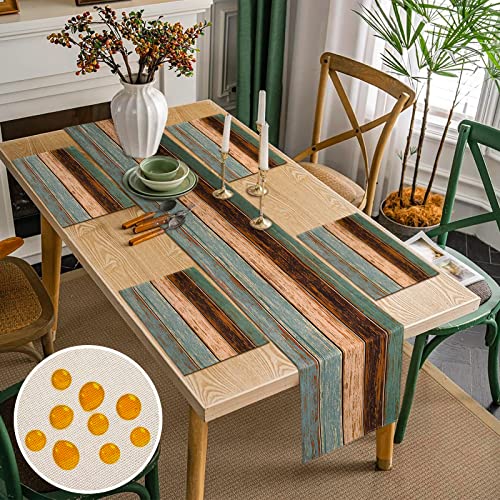 Tischläufer Türkis und Tischsets 4er Set Blau Grün und Braun Hölzern Streifen Tischdecke Abwaschbar Polyester Tischdeko Outdoor Wetterfest Tischläufer Platzsets Set für Drinnen und Draußen 40x140cm von Inhobbok