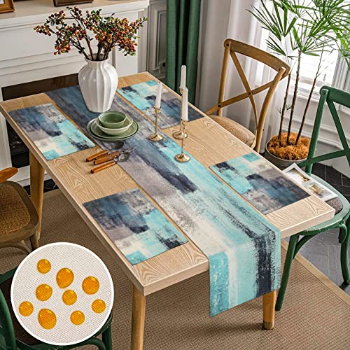 Tischsets und Tischläufer Sommer 4er Set Tischset Tischläufer Petrol und Graues Malerei Kunst Platzset Abwaschbar Tischläufer Outdoor Wetterfest Tischläufer Landhausstil für Esstisch Dekor 33x183cm von Inhobbok