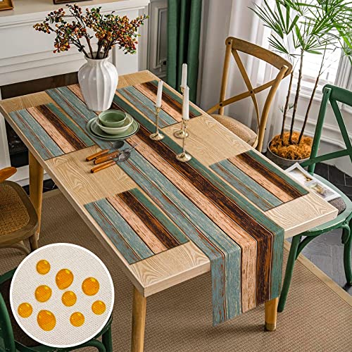 Tischsets und Tischläufer Sommer 4er Set Tischset Tischläufer Türkis und Braun Hölzern Streifen Platzset Abwaschbar Tischläufer Outdoor Wetterfest Tischläufer Landhausstil für Esstisch Dekor 33x183cm von Inhobbok