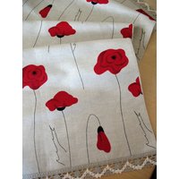 Leinen Tischläufer Naturweiß Grau Schwarz Rot Mohn Spitze 155 X 40 cm Leinen Tischläufer Naturweiß Grau Schwarz Rot Mohn Spitze 155 X 40 cm von Initasworks