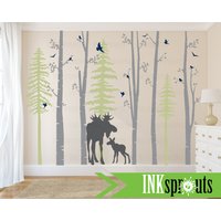 Aufkleber Birke Mit Elch, 5 Birken-Aufkleber Kiefern, Birkenbaum-Set, Modernes Kinderzimmer, Kinderzimmer-Aufkleber, Wald-Thema von InkSprouts