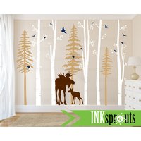 Aufkleber Birke Mit Elch, 5 Birken-Aufkleber Kiefern, Birkenbaum-Set, Modernes Kinderzimmer, Kinderzimmer-Aufkleber, Wald-Thema von InkSprouts