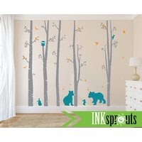 Aufkleber Birke Mit Waldtieren, 5 Birken Aufkleber, Bären Hasen, Birkenbaum Set, Birkenwald von InkSprouts