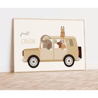 Jungen Kinderzimmer Wand Kunstdruck Safari Abenteuer, Landschaft, Jungen Zimmer, Dschungel Tiere, Suv Auto Dekor, Tiere Fahren, Süße Elefant von InkWoodAndPaper