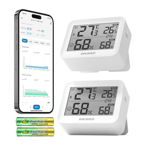 Inkbird Bluetooth Thermometer Hygrometer, 2 Stück ITH-13-B Digitales Thermometer Hygrometer Kombinationsset, Hochpräzises Thermometer mit Luftfeuchtigkeitsmesser, App Steuerung von Inkbird