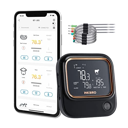 Inkbird IBT-26S-5G Fleischthermometer, WIFI und Bluetooth 5.1 Signal 70m, Thermometer mit 4 Temperaturfühlern, Magnetische Halterung, USB-Aufladbar, Grillthermometer für Küche Ofen Grill BBQ Smoker von Inkbird