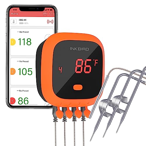 Inkbird IBT-4XC Fleischthermometer Kabellos, Grillthermometer Bluetooth 5.1 Signal 50m, IPX5 Wasserdicht, mit 3 Temperaturfühlern 1 Ofensonde, Bratenthermometer für Grill BBQ Smoker Rotisserie von Inkbird