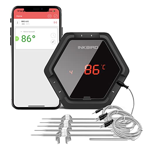 Inkbird IBT-6XS Grillthermometer mit 6 Sonden, Magnetisch BBQ Thermometer Bluetooth Fleischthermometer mit 1000mAh Li-Batterie, Bratenthermometer mit 180 Grad Bildschirmanzeige Drehen für BBQ,Backofen von Inkbird