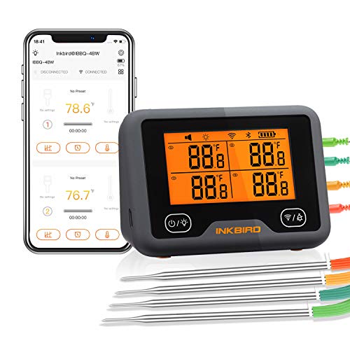 Inkbird WLAN & Bluetooth Grillthermometer IBBQ-4BW, WiFi Fleischthermometer mit 4 Temperaturfühlern + Magnethalter, USB-Wiederaufladbares Bratenthermometer mit Dual-Alarm Funktion für BBQ von Inkbird