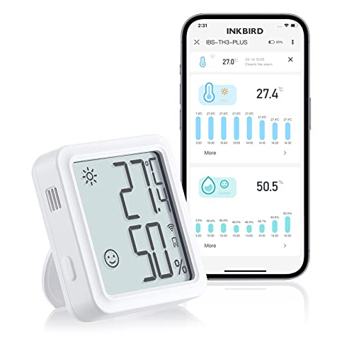 Inkbird Wlan Thermometer Hygrometer, IBS-TH3 Plus Innenraum-Temperatur-Feuchtigkeitssensor mit Wiederaufladbarem Akku, LCD-Display, App-Benachrichtigung, Datenspeicher-Export, für Gewächshaus, Zuhause von Inkbird