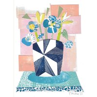Original Linolschnitt Collage Blaue Blumen Kunst Stillleben Linoldruck Florale Bunt von InkfulPrintCo
