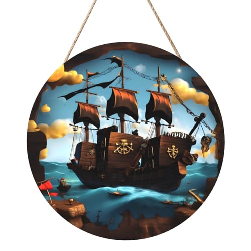 Cartoon-Piratenschiff, runde Holztafelmalerei, 30,5 cm, exquisites Kunstwerk, umweltfreundliches Holz, eine elegante Wahl für Heimdekoration. von Inkmhztk