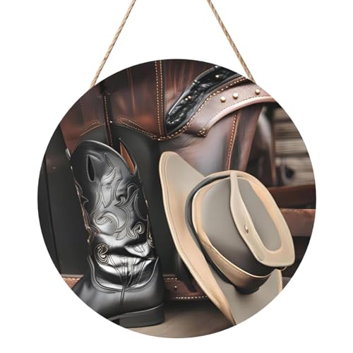Cowboy Black Hat Western Boots Round Wood Panel Painting 30.5 cm Exquisite Artwork, Environmentally Friendly Wood, An Elegant Choice For Home Decoration. von Inkmhztk