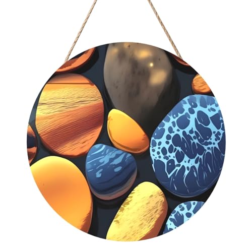 Gelbe Kieselsteine Runde Holzplatte Malerei 12 Zoll Exquisite Kunstwerke, umweltfreundliches Holz, eine elegante Wahl für Heimdekoration. von Inkmhztk