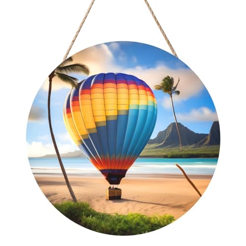 Hawaii Heißluftballon Runde Holzpaneelmalerei 12 Zoll Exquisite Kunstwerke, umweltfreundliches Holz, eine elegante Wahl für Heimdekoration. von Inkmhztk