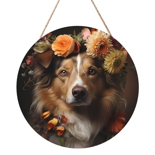 Hund Mädchen mit Blumen Runde Holzplatte Malerei 12 Zoll Exquisite Kunstwerke, umweltfreundliches Holz, eine elegante Wahl für Heimdekoration. von Inkmhztk