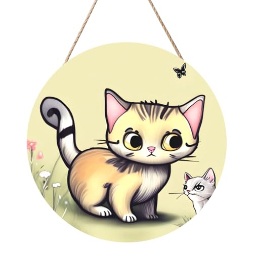 Katze und Schmetterling Runde Holzplatte Malerei 12 Zoll Exquisite Kunstwerke, umweltfreundliches Holz, eine elegante Wahl für Heimdekoration. von Inkmhztk