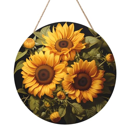 Mit der gelben Sonnenblume Runde Holzplatte Malerei 12 Zoll Exquisite Kunstwerke, umweltfreundliches Holz, eine elegante Wahl für Heimdekoration. von Inkmhztk