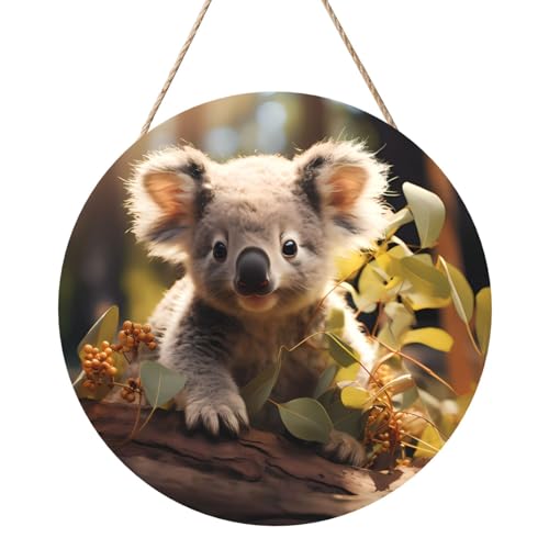 Niedliche Koala-Pflanze, rund, Holztafelmalerei, 30,5 cm, exquisites Kunstwerk, umweltfreundliches Holz, eine elegante Wahl für Heimdekoration. von Inkmhztk