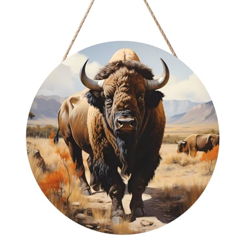 Nordamerikanische Bison Herd Runde Holzpaneelmalerei 12 Zoll Exquisite Kunstwerke Umweltfreundliches Holz, eine elegante Wahl für Heimdekoration. von Inkmhztk