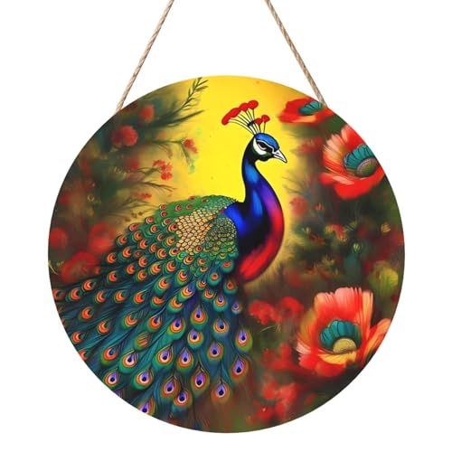 Pfauenblumen Runde Holzplatte Malerei 12 Zoll Exquisite Kunstwerke, umweltfreundliches Holz, eine elegante Wahl für Heimdekoration. von Inkmhztk