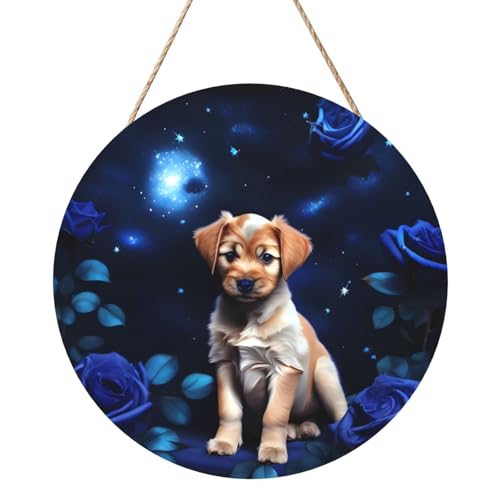 Puppy Blue Rose Round Wood Panel Painting 30.5 cm Exquisite Artwork, Environmentally Friendly Wood, An Elegant Choice For Home Decoration. von Inkmhztk