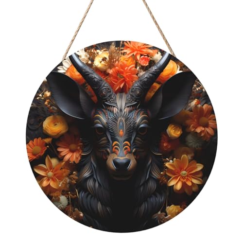 Schwarze Antilope mit Blumen Runde Holztafelmalerei 12 Zoll Exquisite Kunstwerke, umweltfreundliches Holz, eine elegante Wahl für Heimdekoration. von Inkmhztk