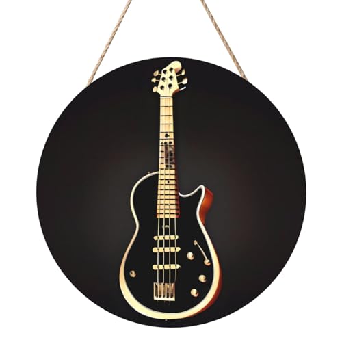 Schwarze Gitarre Runde Holztafelmalerei 12 Zoll Exquisites Kunstwerk, umweltfreundliches Holz, eine elegante Wahl für Heimdekoration. von Inkmhztk