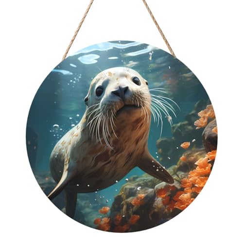 Seal Pup in Water Round Wood Panel Painting 30.5 cm Exquisite Artwork, Environmentally Friendly Wood, an Elegant Choice for Home Decoration. von Inkmhztk