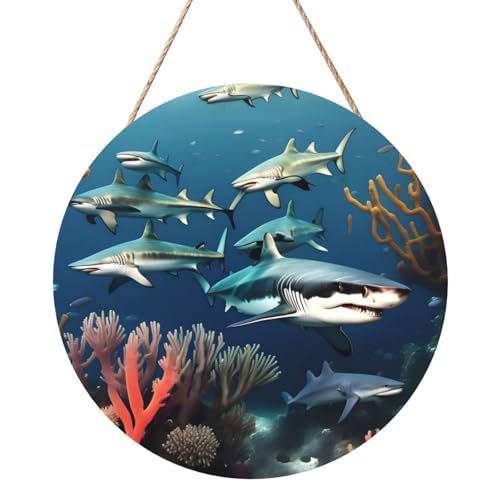 Sharks Under The Sea Round Wood Panel Painting 30.5 cm Exquisite Artwork, Environmentally Friendly Wood, An Elegant Choice For Home Decoration. von Inkmhztk