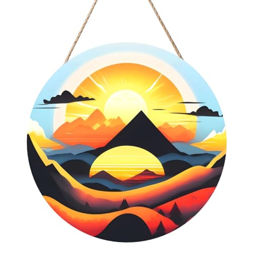 Sunrise Mountain Runde Holzpaneelmalerei 12 Zoll Exquisite Kunstwerke, umweltfreundliches Holz, eine elegante Wahl für Heimdekoration. von Inkmhztk