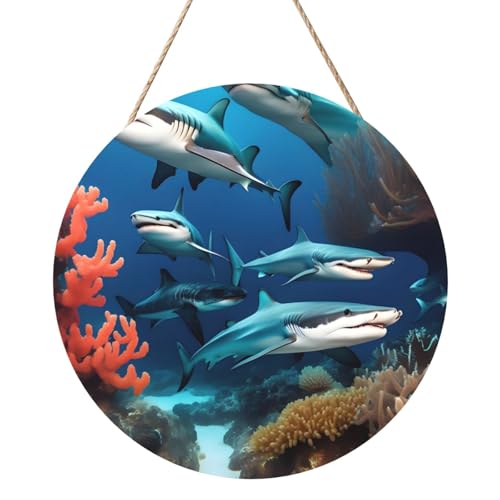 U-Boot-Haifisch-Korallen-Malerei, rund, Holztafelmalerei, 30,5 cm, exquisites Kunstwerk, umweltfreundliches Holz, eine elegante Wahl für Heimdekoration. U-Boot-Haifisch-Korallen-Malerei, rund, Holztafelmalerei, 30,5 cm, exquisites Kunstwerk, umweltfreundliches Holz, eine elegante Wahl für Heimdekoration. von Inkmhztk