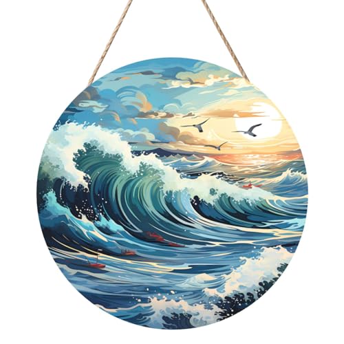Wellen-Segelboot Möwe Runde Holzpaneelmalerei 12 Zoll Exquisite Kunstwerke, umweltfreundliches Holz, eine elegante Wahl für Heimdekoration. von Inkmhztk