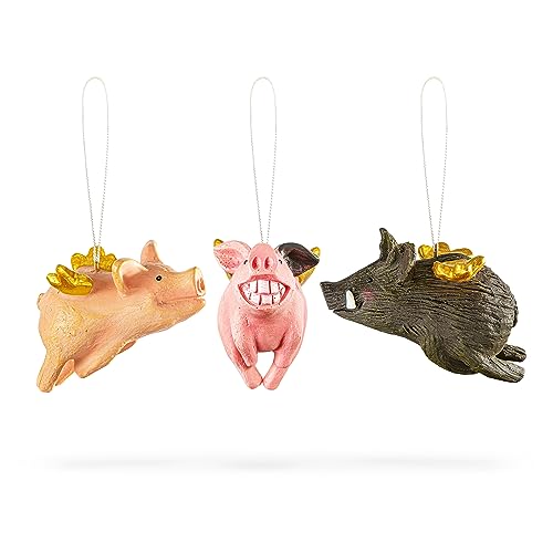 Schweinchen Dekoanhänger 3er Set ''hängender Schweine Engel' je 4,5 x 10 cm • 3 x ''hängende Schwein-Engel Schweinchen FLECKI und EBER und SAU von Inkognito • Künstler: INKOGNITO © Susanne J. Eckart von Inkognito