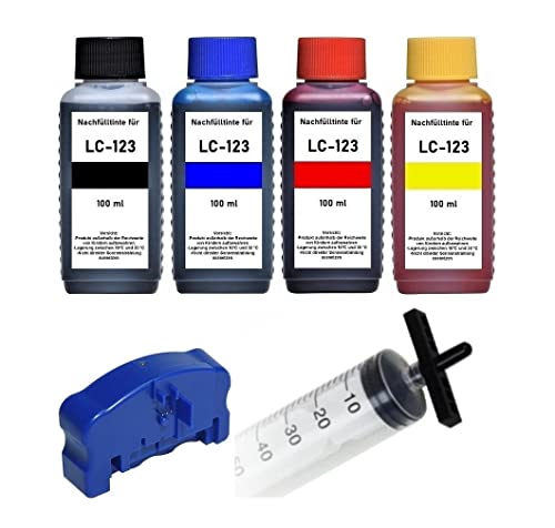 Inkpro Refill-Adapter wie Bro Luer + 60 ml Gewindespritze + 1 Chip-Resetter + 4 x 100 ml Nachfülltinten Black, Cyan, Magenta, Yellow für LC-121, LC-123, LC-125, LC-127, LC-129 von Inkpro