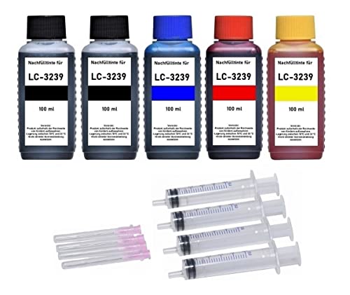 Inkpro Tintenpatronen Nachfüllset - 5 x 100 ml Nachfülltinte für LC-3237, LC-3239 XL Black, Cyan, Magenta, Yellow von Inkpro