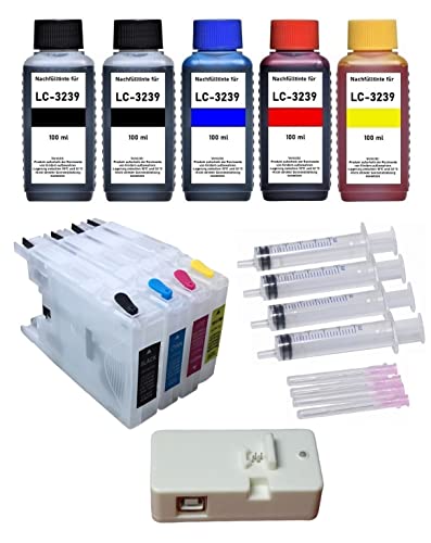 Inkpro wiederbefüllbare Tintenpatronen kompatibel mit Brother LC-3237, LC-3239 XL Black, Cyan, Magenta, Yellow mit resetbaren Chips + Chipresetter 60 Resets + 5 x 100 ml Nachfülltinte von Inkpro