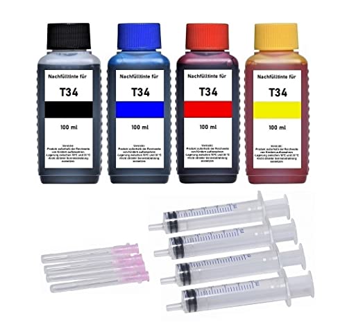 Inkpro Tintenpatronen Nachfüllset - 4 x 100 ml Premium Nachfüll-Tinte für T3461, T3462, T3463, T3464, T3471, T3472, T3473, T3474, T34 XL Black, Cyan, Magenta, Yellow von Inkpro