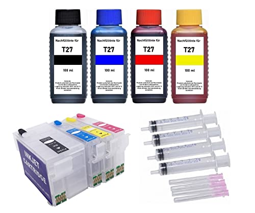 Inkpro 4 wiederbefüllbare Tintenpatronen mit Auto-Reset-Chips T27XL Black, Cyan, Magenta, Yellow + 400 ml Nachfülltinte für Workforce WF-3620, 3640, 7110, 7210, 7610, 7615, 7620, 7710, 7715, 7720 von Inkpro