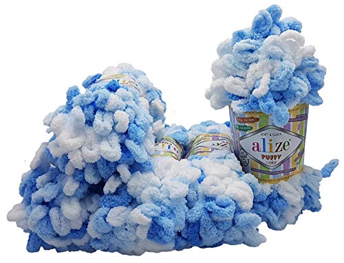 Alize Puffy Color 5 x 100 Gramm Strickwolle, 500 Gramm Fingerstrick - Wolle Mehrfarbig super Bulky, Schlaufenwolle, Stricken ohne Nadel (blau weiß 5865) von binoa