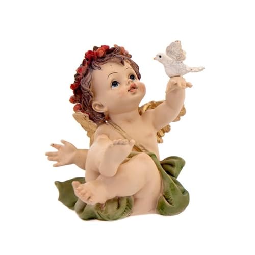 Engelsfigur 10 cm. Skulptur Harz Detail Krone Blumen grünes Blatt weiße Taube Hand von Inmaculada Romero IR