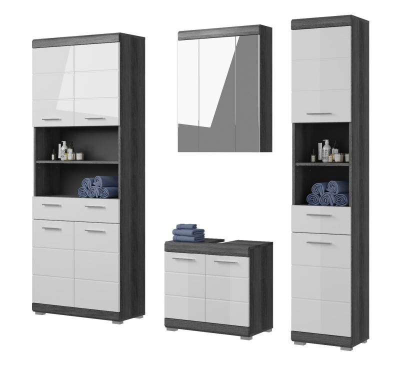 Inn.Furn Badezimmer-Set Shawn, (Kombination in weiß Hochglanz und grau, 4-St., Breite 186 cm), viel Stauraum von Inn.Furn