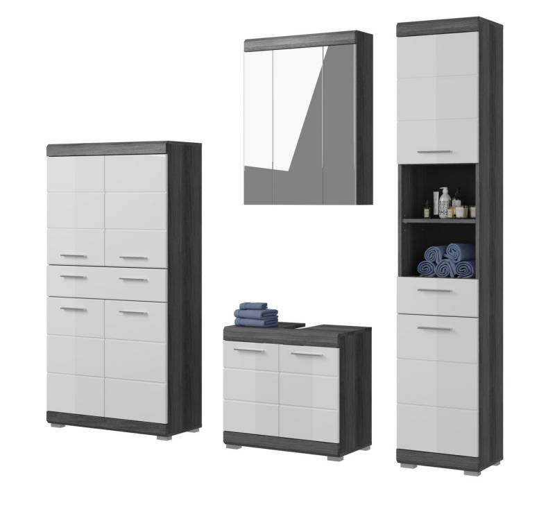 Inn.Furn Badezimmer-Set Shawn, (Kombination in weiß Hochglanz und grau, 4-St., Breite 186 cm), viel Stauraum von Inn.Furn