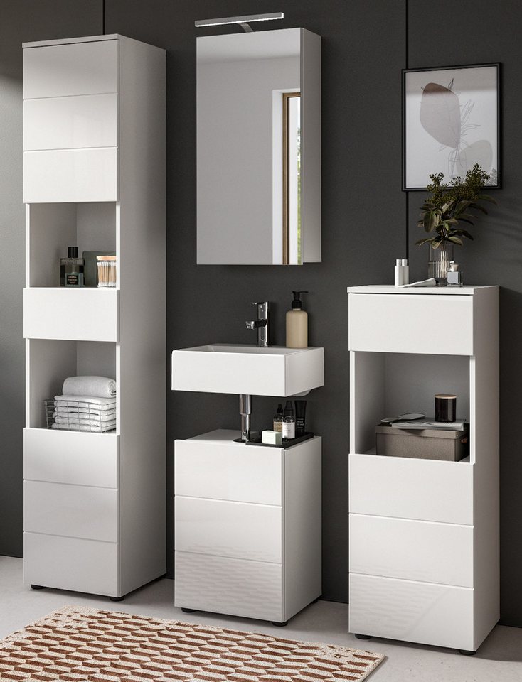 Inn.Furn Badmöbel-Set Larik, (Badezimmer in weiß Hochglanz, 4-teilig, 140 x 190 cm), viel Stauraum auf wenig Fläche von Inn.Furn
