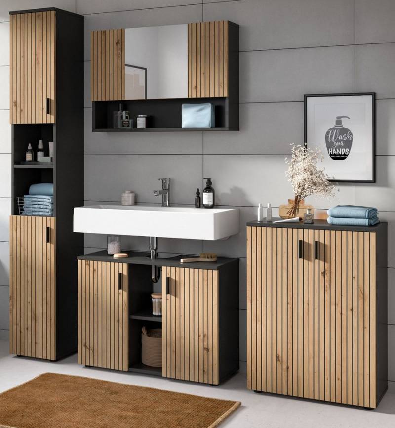 Inn.Furn Badmöbel-Set Livia, (Badezimmer in Eiche Artisan mit Rillen, Komplett-Set 4-teilig, Breite 200 cm), mit 17 Fächern von Inn.Furn