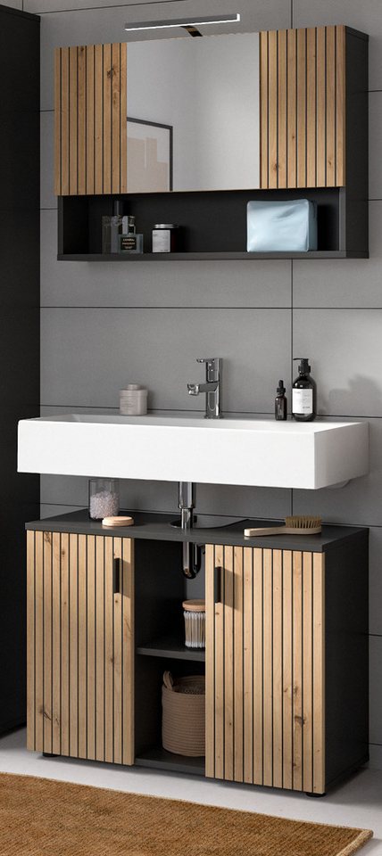 Inn.Furn Badmöbel-Set Livia, (Badezimmer in Eiche Artisan mit Rillen, Set 2-teilig, 80 x 190 cm), mit 10 Fächern von Inn.Furn