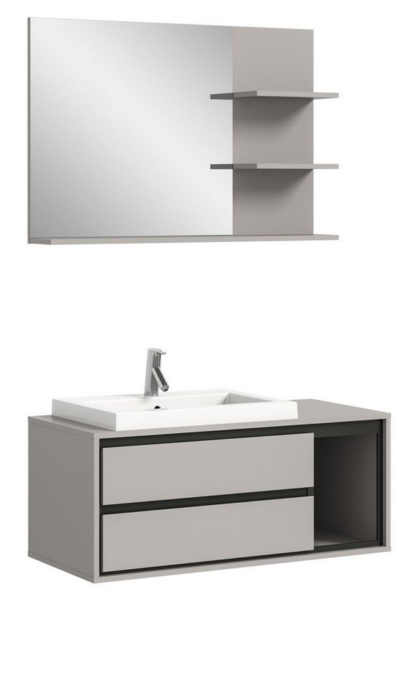Inn.Furn Badmöbel-Set Malik, (Badezimmer in grau mit schwarz, Breite 100 cm), inklusive Waschbecken von Inn.Furn
