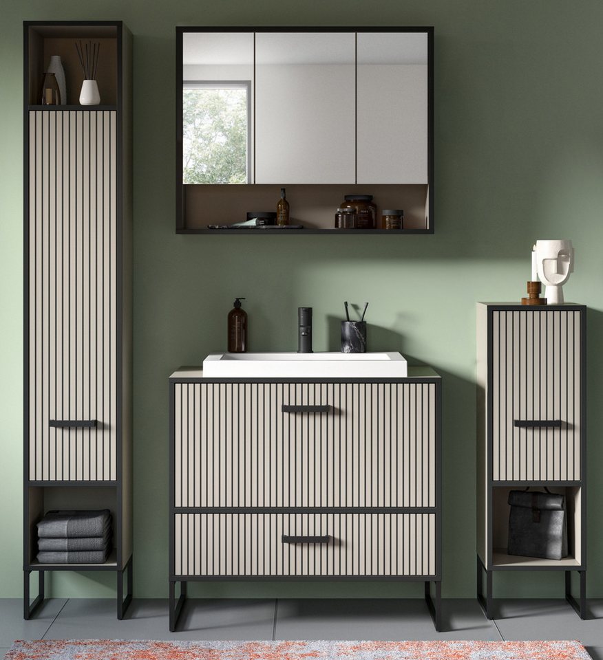 Inn.Furn Badmöbel-Set Scana, (Badezimmer in Sand mit schwarz, 5-St., Komplett-Set inkl. Waschbecken), Soft-Close-Funktion von Inn.Furn