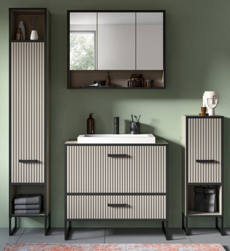Inn.Furn Badmöbel-Set Scana, (Badezimmer in Sand mit schwarz, 5-St., Komplett-Set inkl. Waschbecken), Soft-Close-Funktion von Inn.Furn
