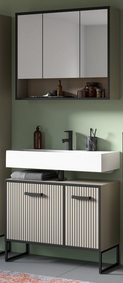 Inn.Furn Badmöbel-Set Scana, (in Sand mit schwarz, Breite 80 cm, 2-St., Waschbeckenunterschrank und Spiegelschrank), mit Soft-Close-Funktion von Inn.Furn